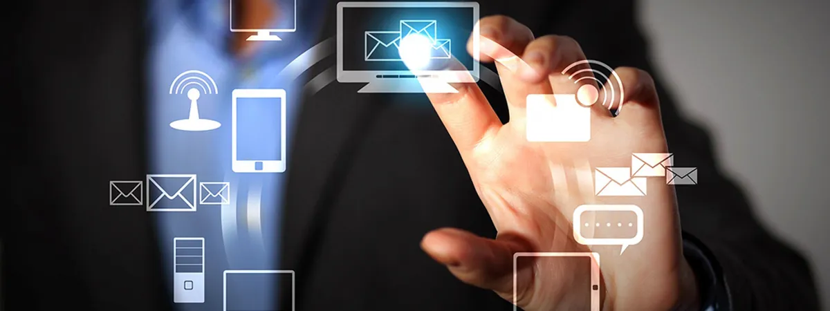 Hand touching floating mobile and messaging icons