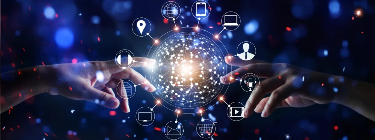 Hands touching a digital e-commerce network graphic
