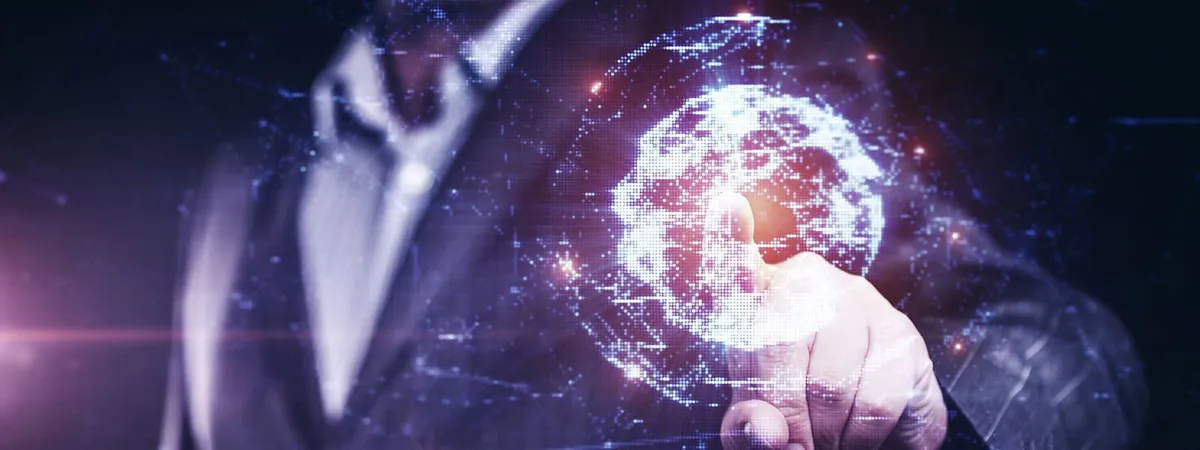 Businessman with a glowing digital network graphic